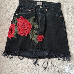 Black Denim Skirt with Red Floral Embroidery